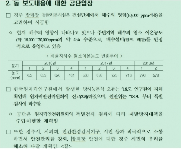 한국원자력환경공단이 20일 언론사에 보낸 설명자료.