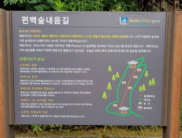 2016년 경주시가 설치한 편백나무 숲 안내판